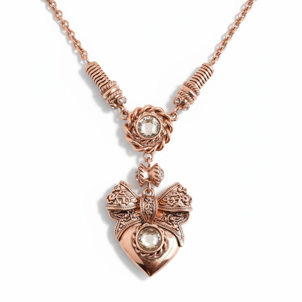 Vintage Butler & Wilson Heart Necklace, Rose Gold Tone with Swarovski Crystals