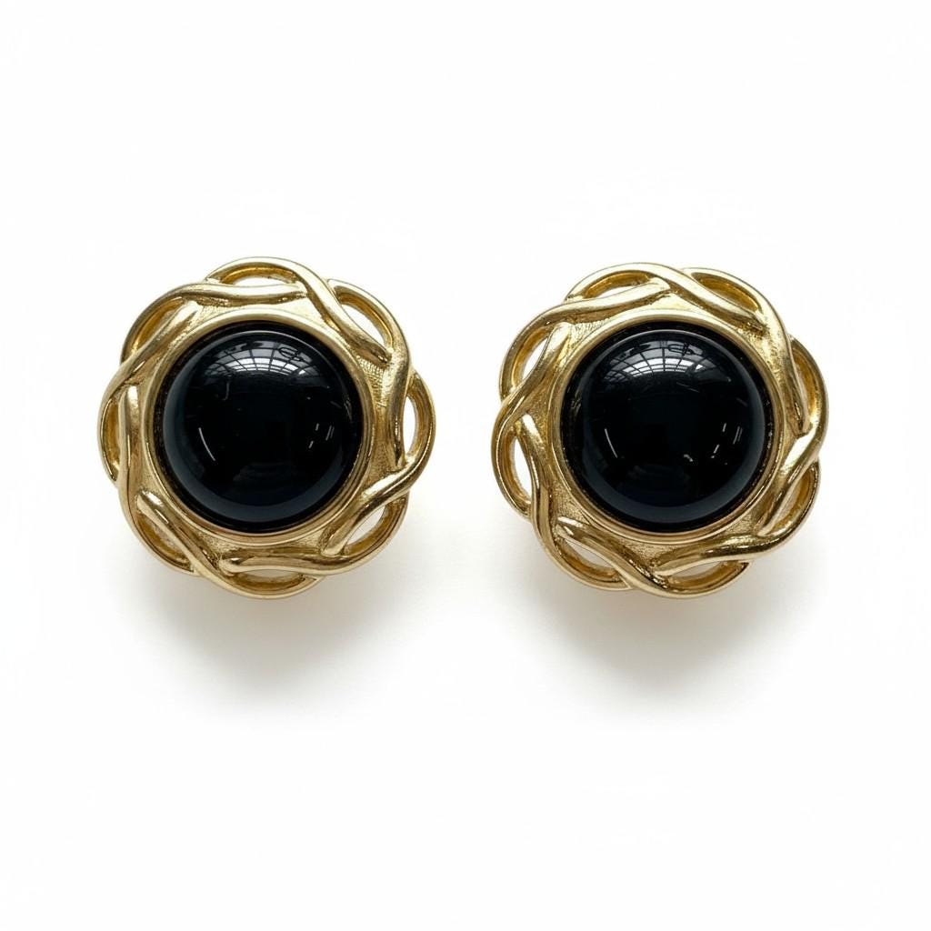 Vintage Trifari Clip On Earrings: Black Cabochon Gold-Plated 1980s Statement Jewelry