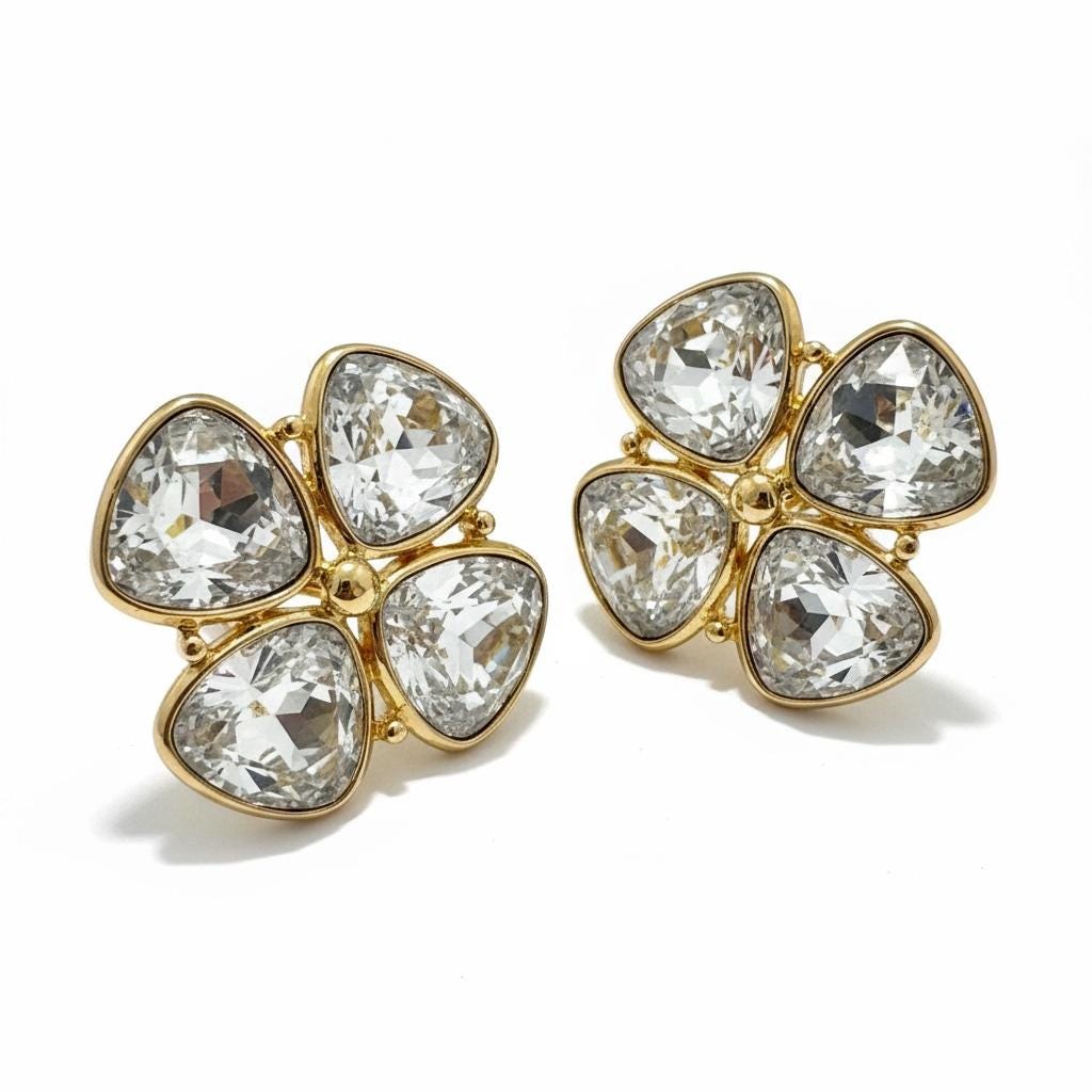 Vintage Napier Swarovski Crystal Earrings: Gold Plated Clover Design Screw Back Statement Studs, 3.5cm