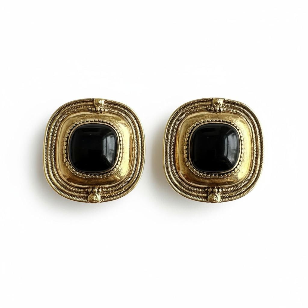 Vintage Etruscan Revival Earrings: Gold Toned & Black Cabochon Statement Clip-Ons, 1980s Runway Style
