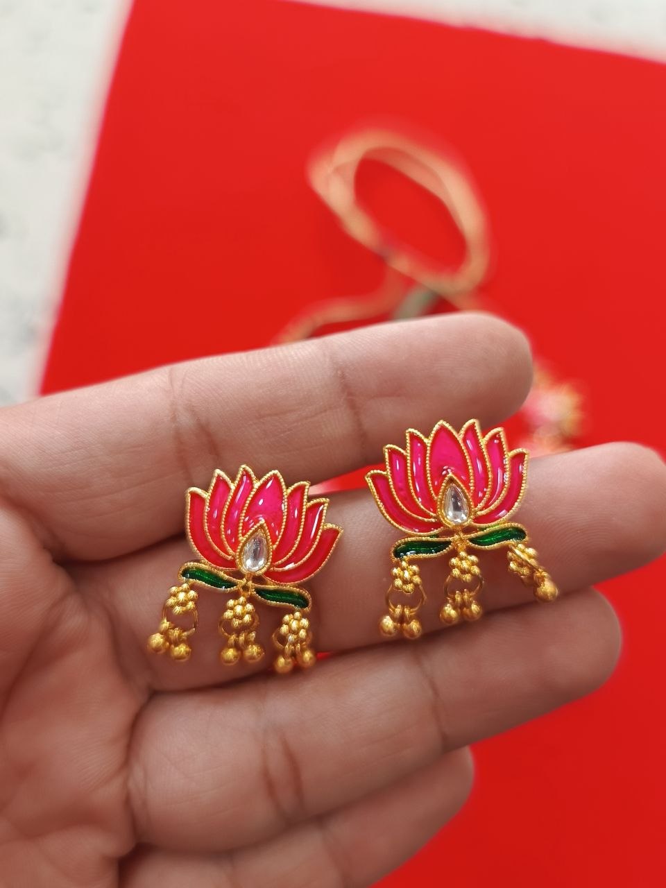 Ready Meenakri Lotus Necklace with drop stone with earring 