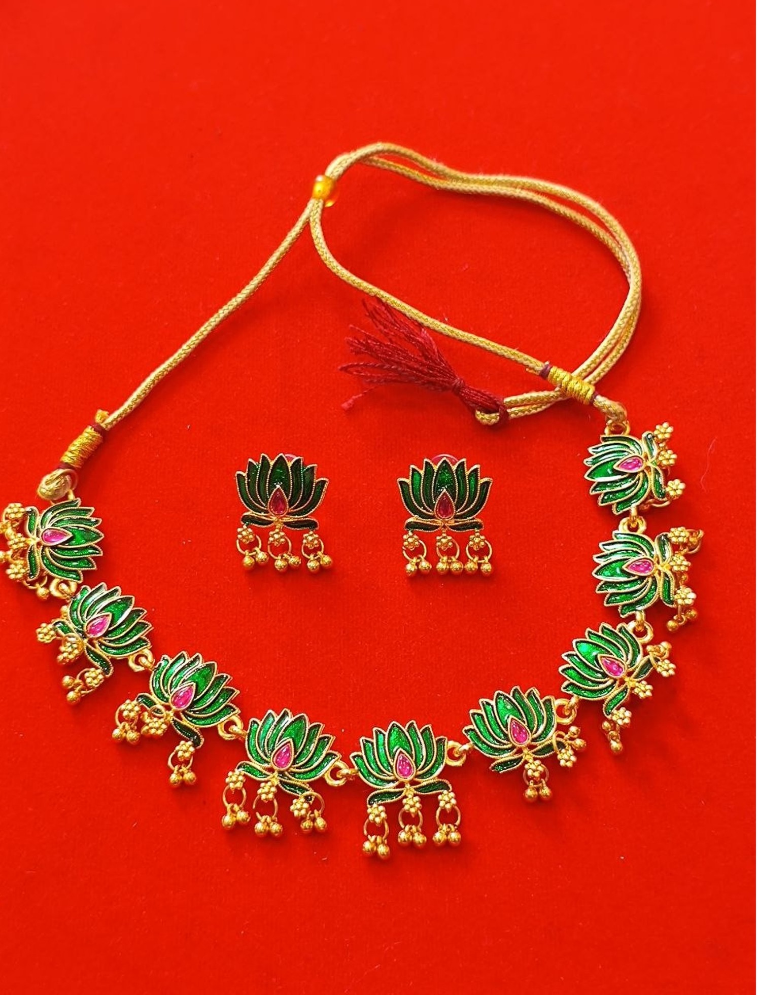 Ready Meenakri Lotus Necklace with drop stone with earring 