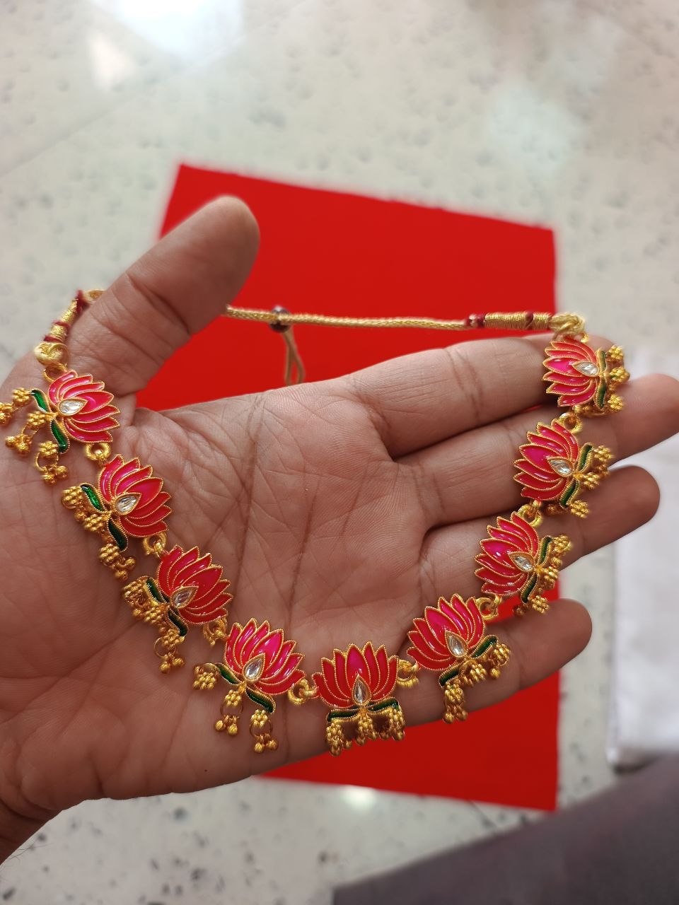 Ready Meenakri Lotus Necklace with drop stone with earring 