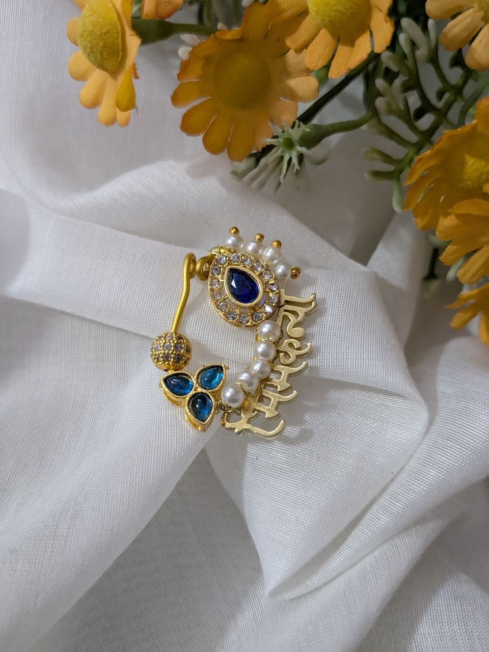 Bhimkanya ready Name nath , Ready to wear with blue stone and white AD ball 