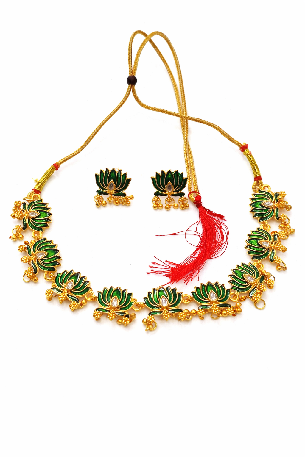 Ready Meenakri Lotus Necklace with drop stone with earring 