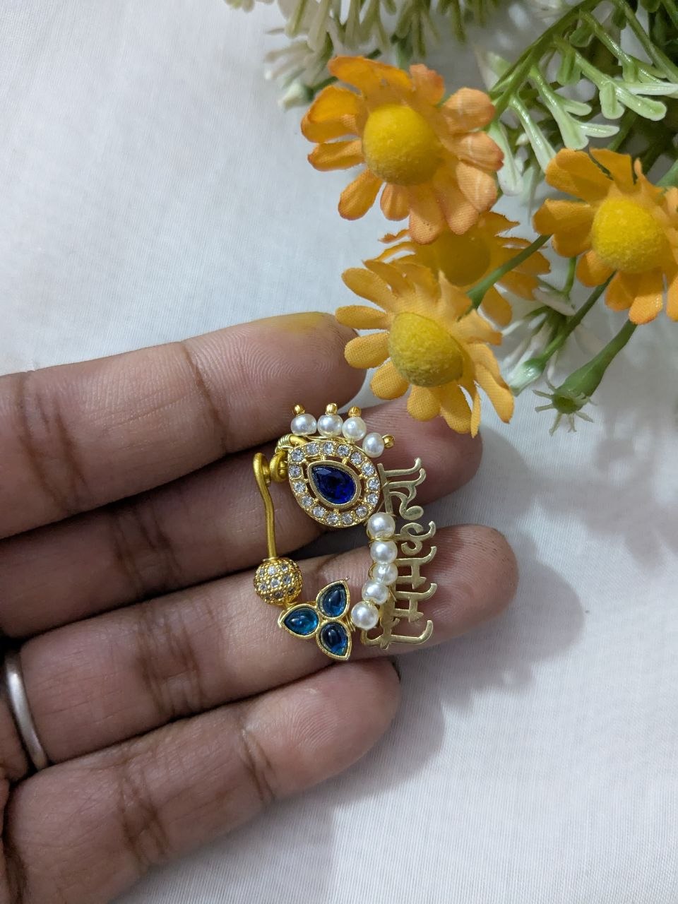 Bhimkanya ready Name nath , Ready to wear with blue stone and white AD ball 