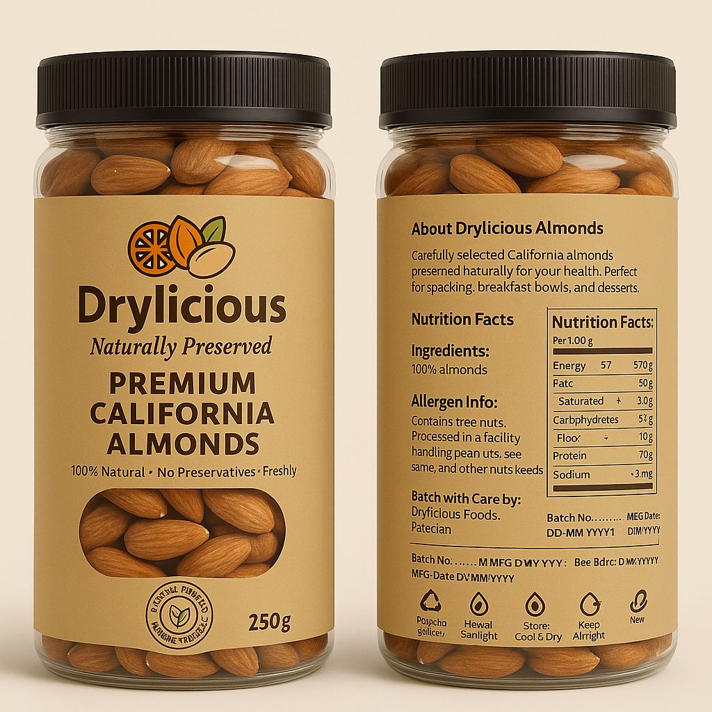 Drylicious Premium California Almonds – 250g / 500g / 1000g