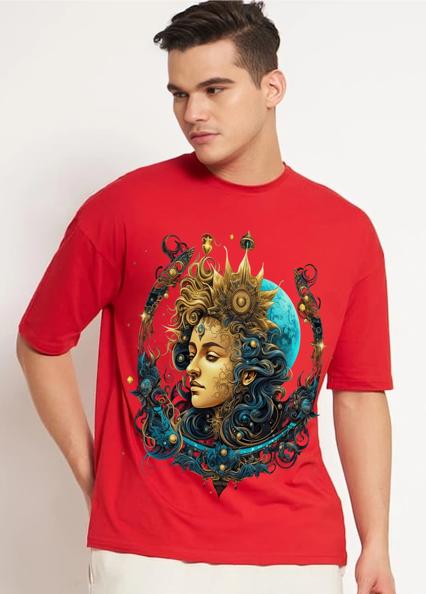Boho Chic Artistic Portrait Oversized T-Shirt || Red ||