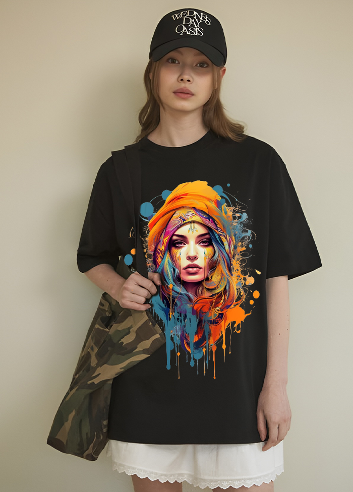 Boho Chic Artistic Portrait Oversized T-Shirt || Black ||