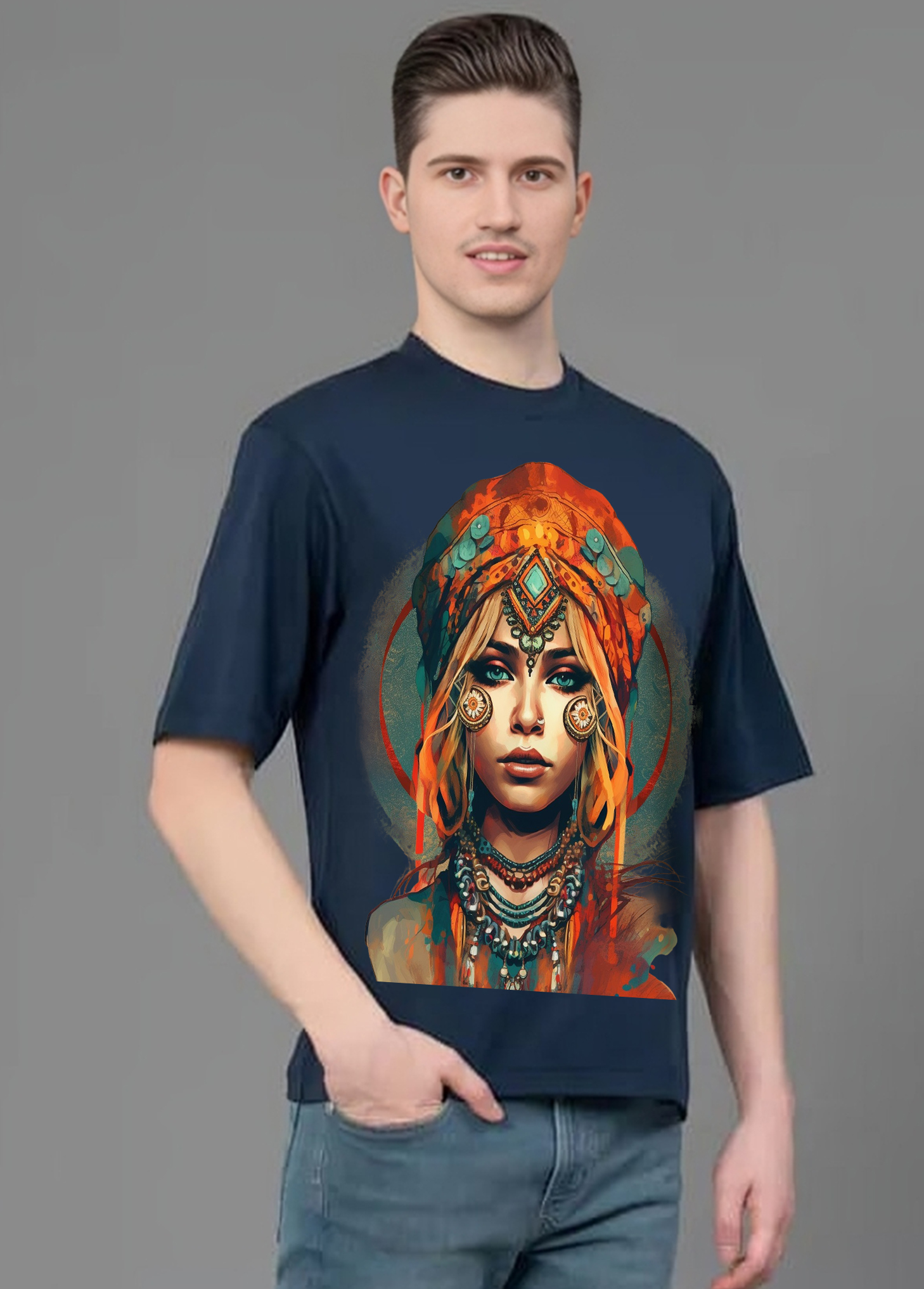 Boho Chic Artistic Portrait Oversized T-Shirt || Blue ||