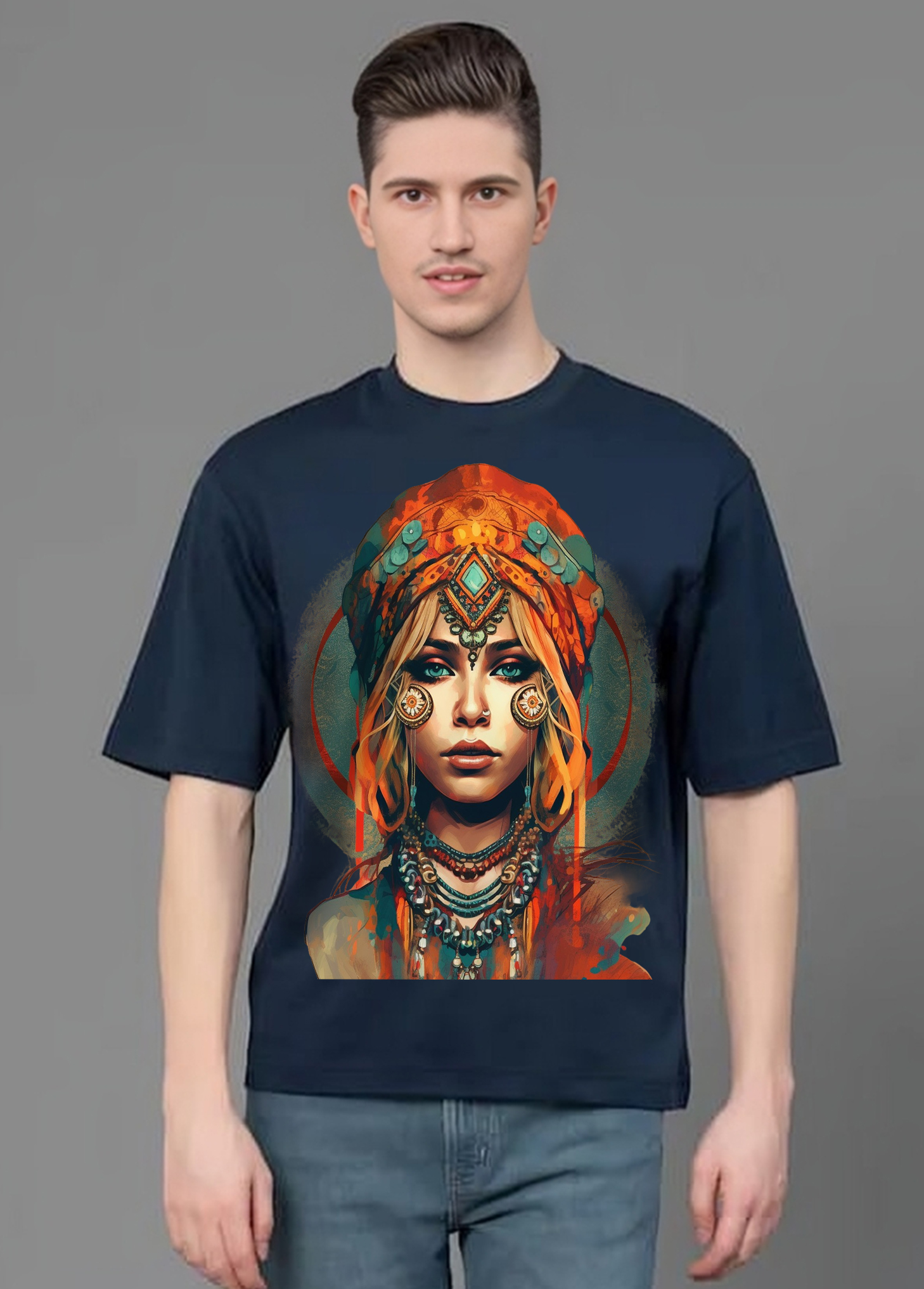 Boho Chic Artistic Portrait Oversized T-Shirt || Blue ||