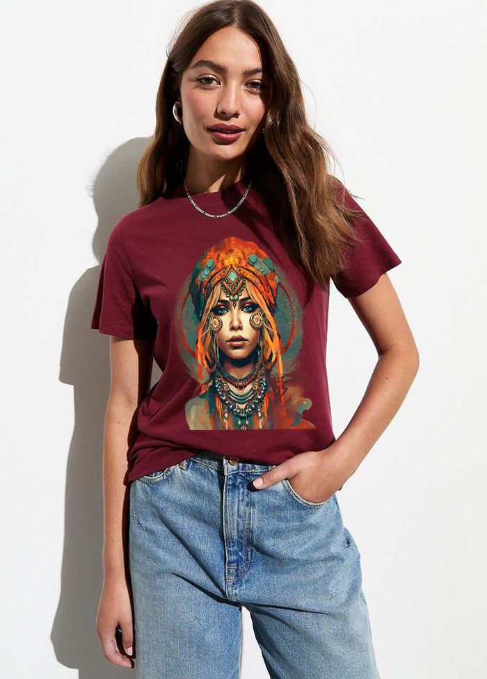 Boho Chic Artistic Portrait Oversized T-Shirt || Maroon ||