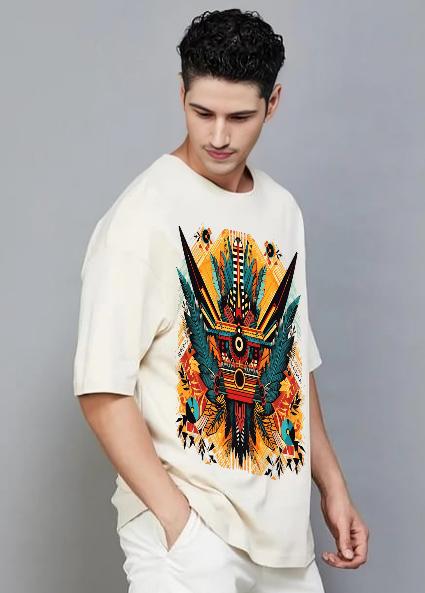 Tribal Mask Energy Oversized T-Shirt || Off-White ||