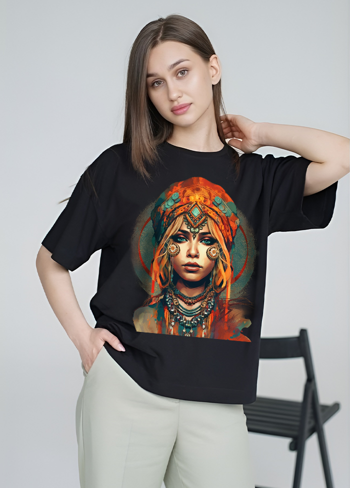Boho Chic Artistic Portrait Oversized T-Shirt || Black ||