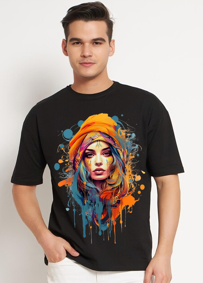 Boho Chic Artistic Portrait Oversized T-Shirt || Black ||