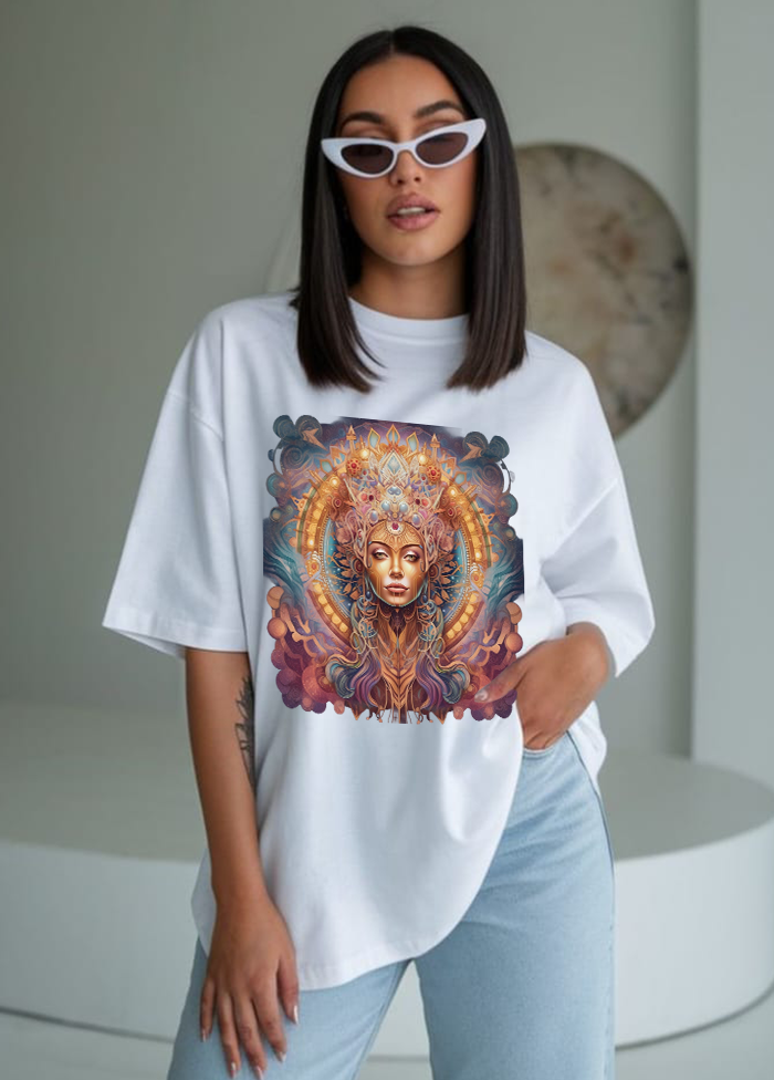Boho Chic Meditation Portrait Oversized T-Shirt || White ||