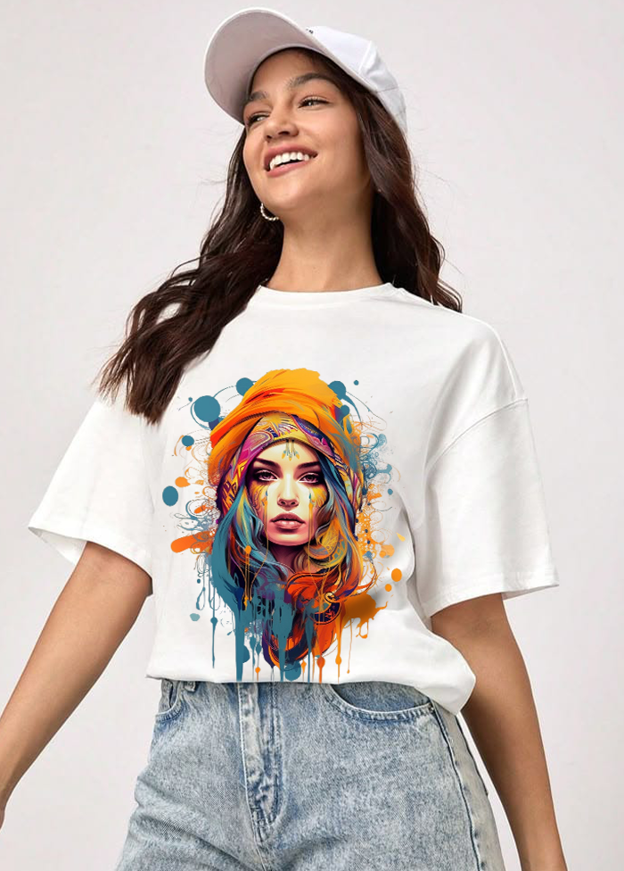 Boho Chic Artistic Portrait Oversized T-Shirt || White ||