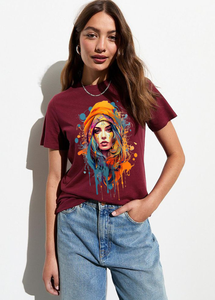 Boho Chic Artistic Portrait Oversized T-Shirt || Maroon ||