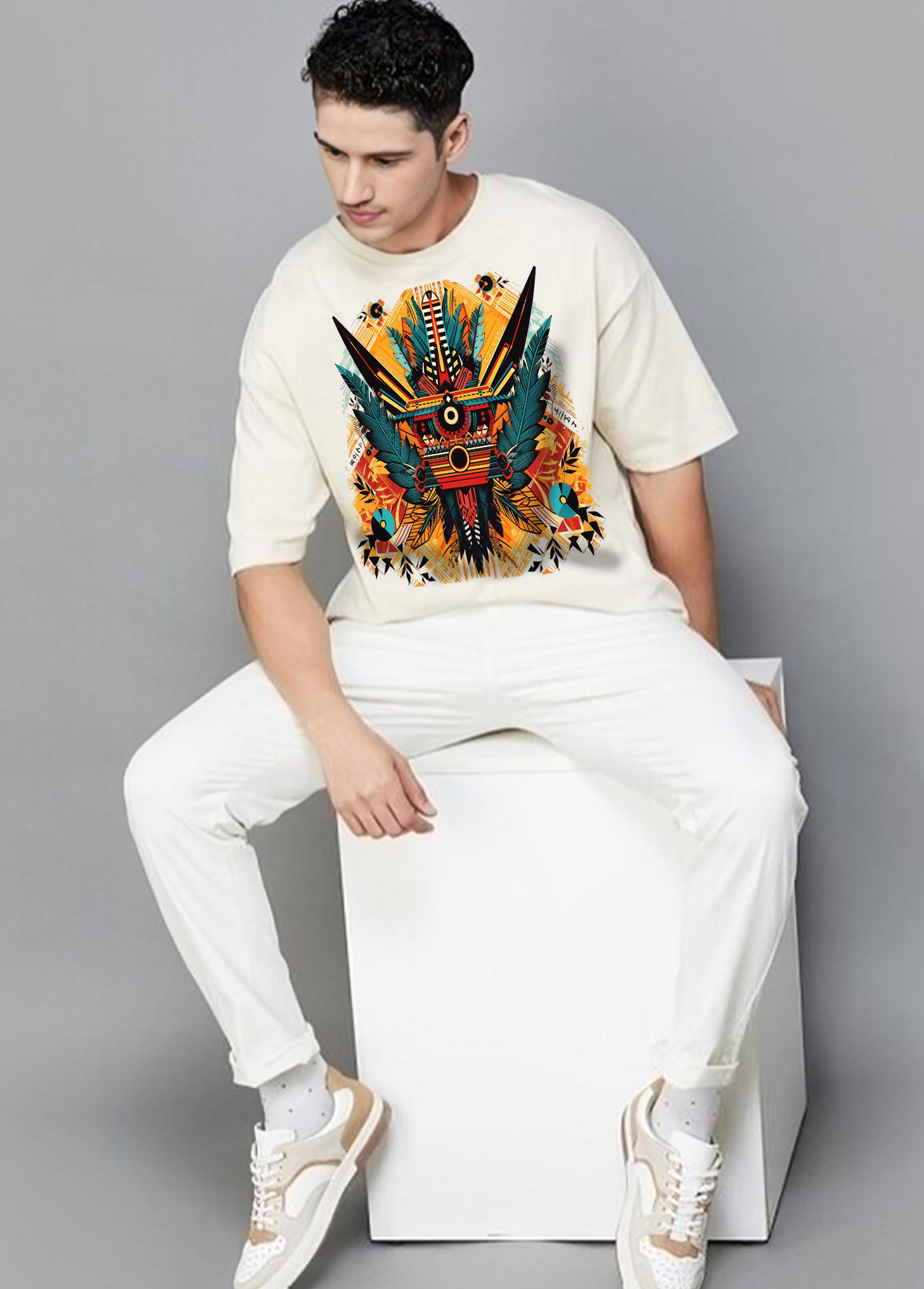 Tribal Mask Energy Oversized T-Shirt || Off-White ||