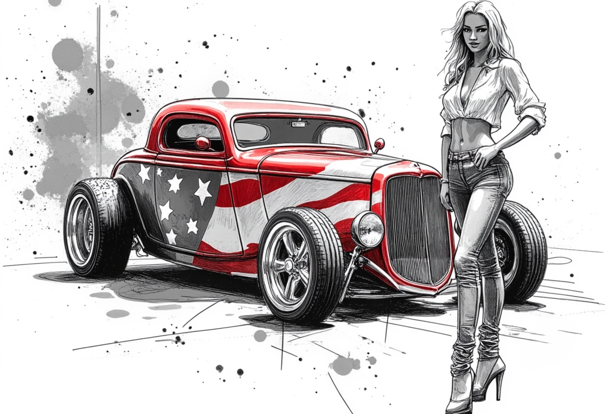 Pencil Sketch Style Patriot Hot Rod