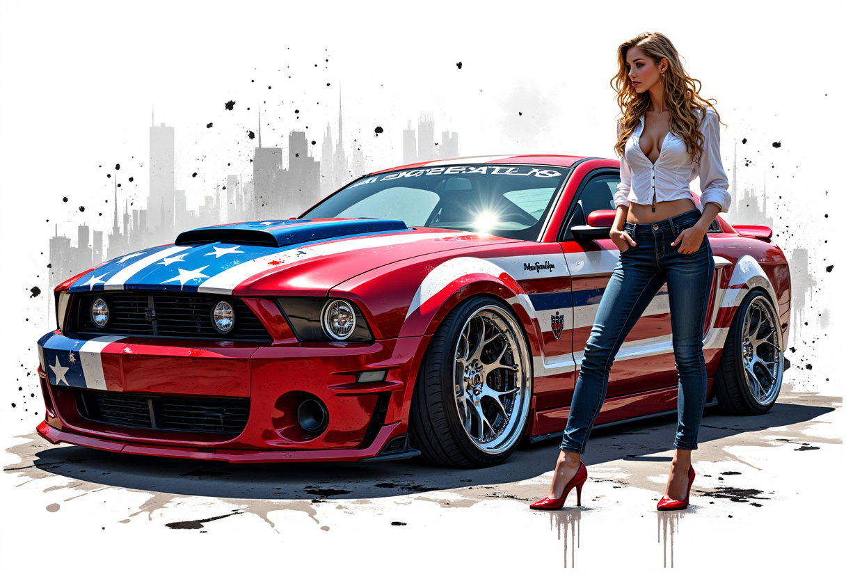 Large Patriotic Mustang & Pinup Wall Art