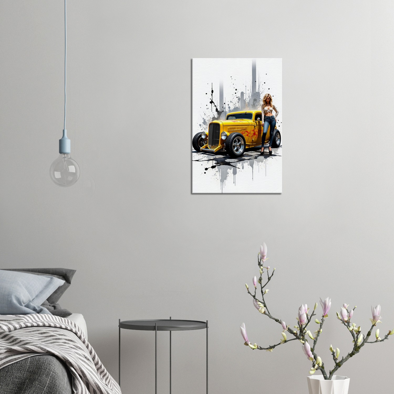 Vintage Yellow Hot Rod Mounted Canvas