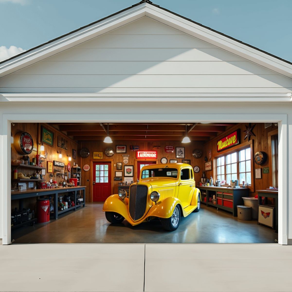 Yellow Hot Rod Garage Door Banner