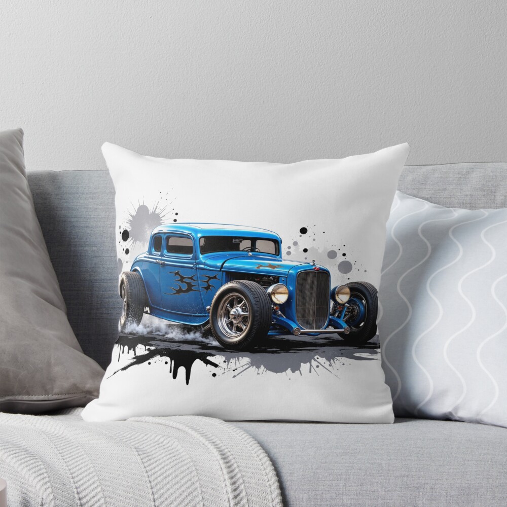 Vintage Blue Hot Rod Car Decorative Pillow