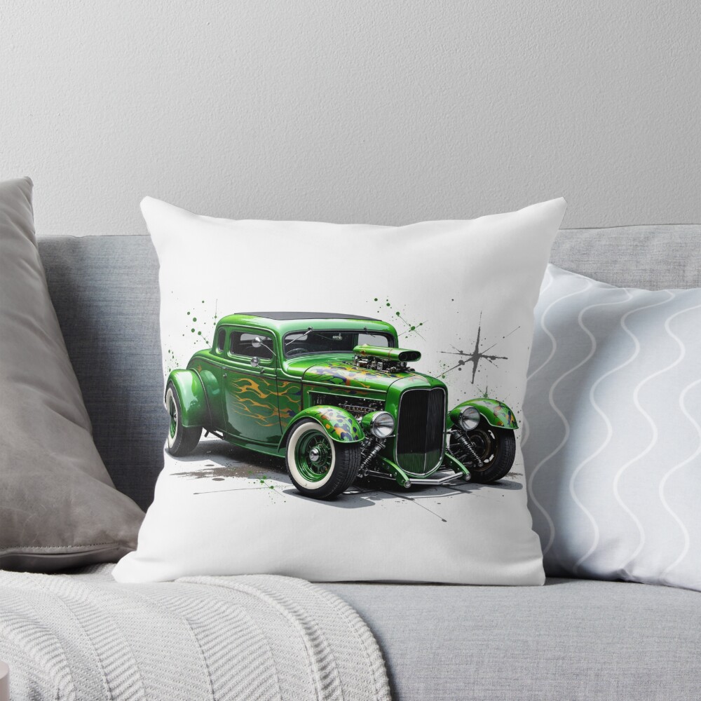 Vintage Green Hot Rod Car Decorative Pillow