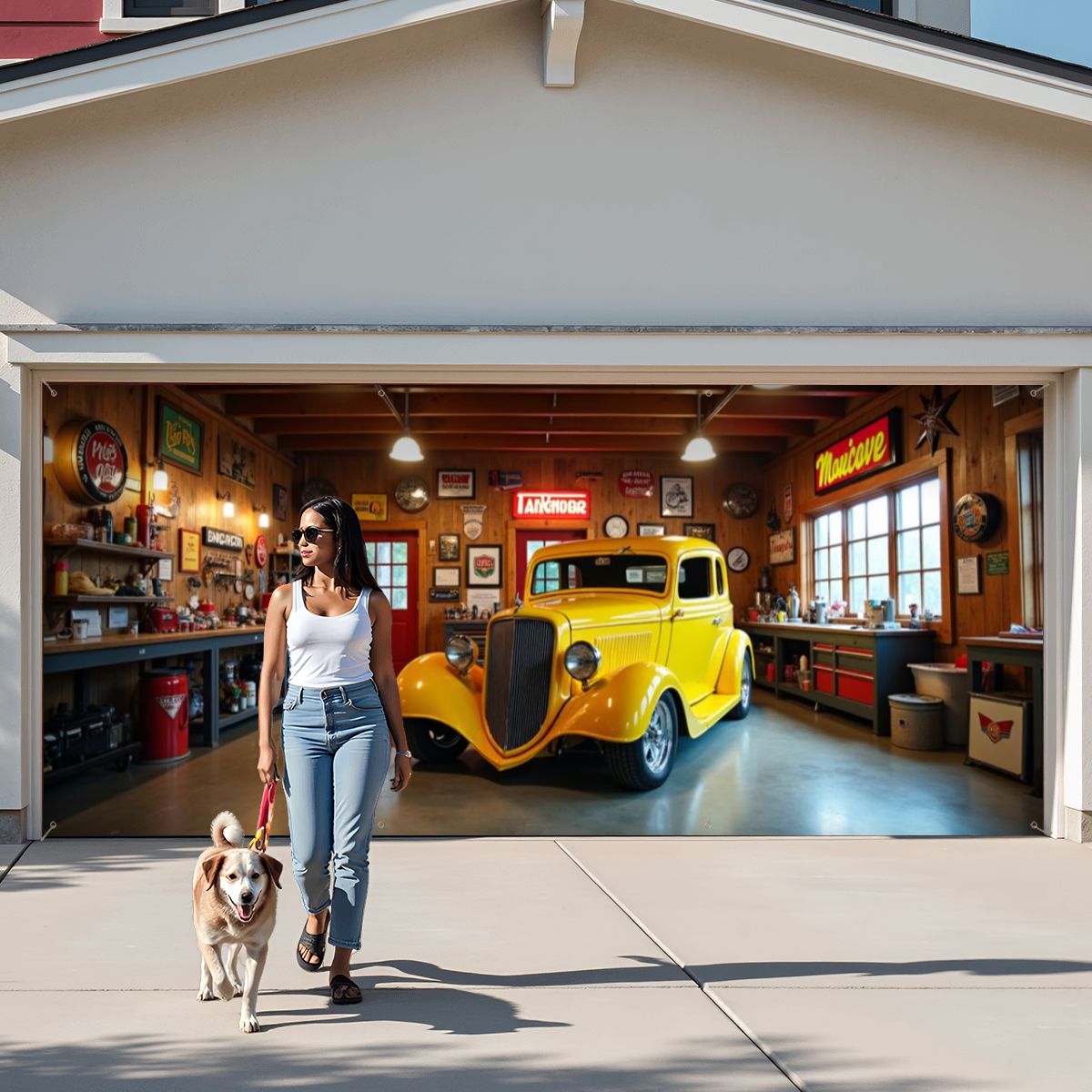 Yellow Hot Rod Garage Door Banner