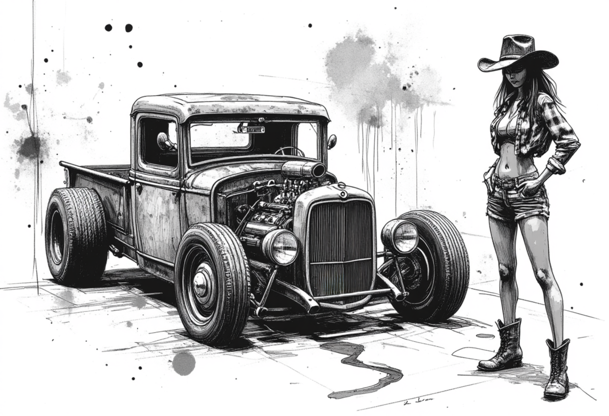 Pencil Sketch Style Rat Rod Truck & Cowgirl