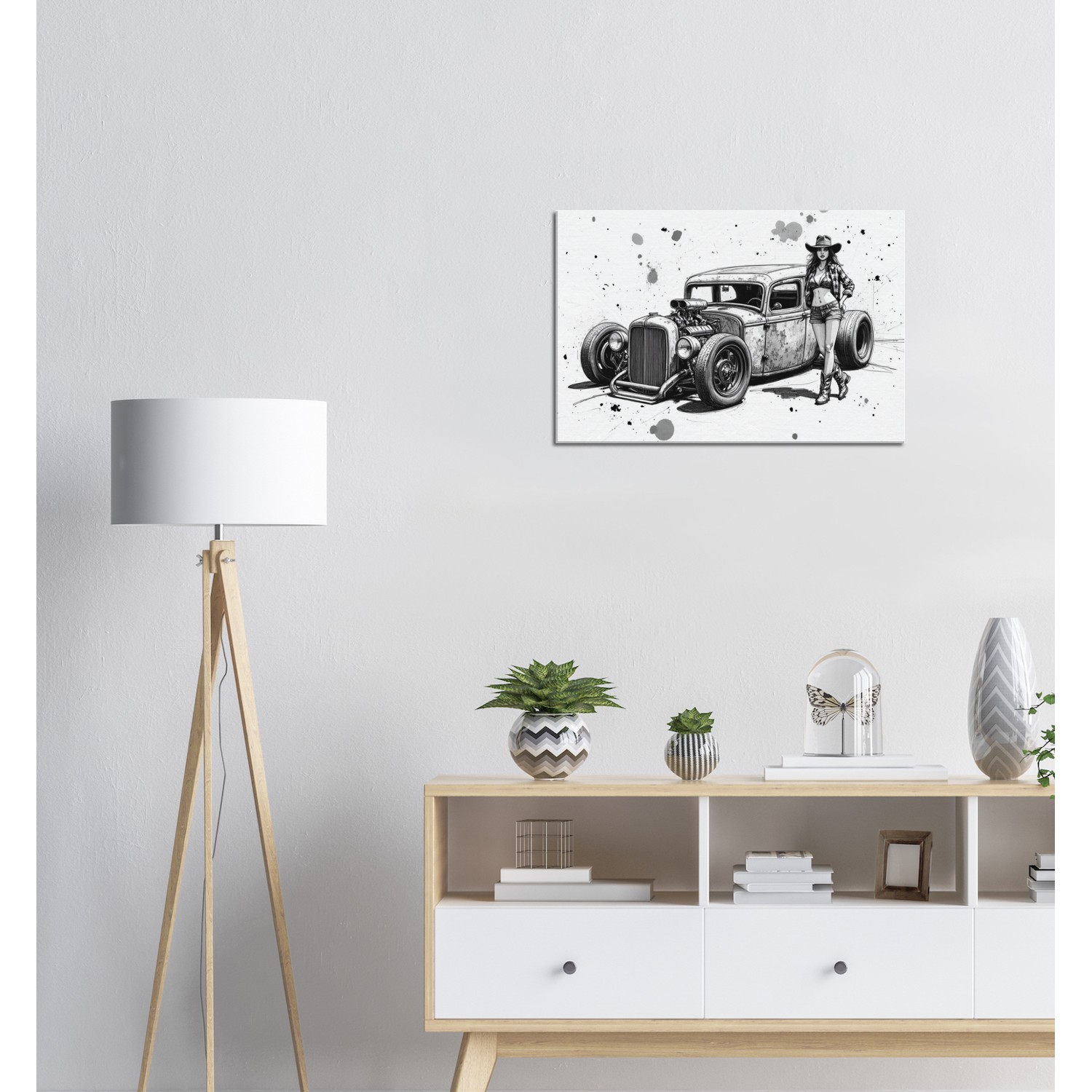 Pencil Sketch Style Rat Rod & Cowgirl