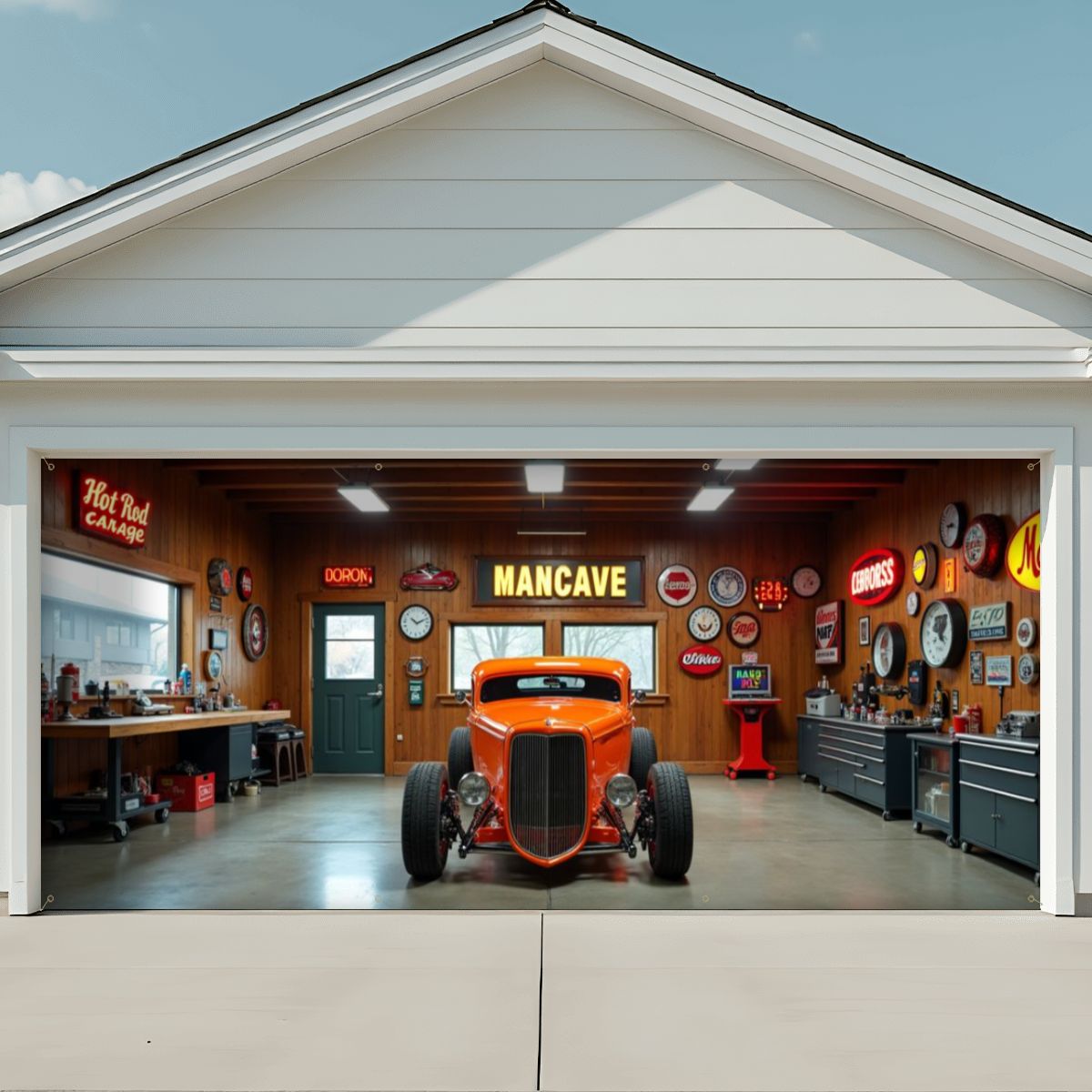 Orange Hot Rod Garage Door Banner
