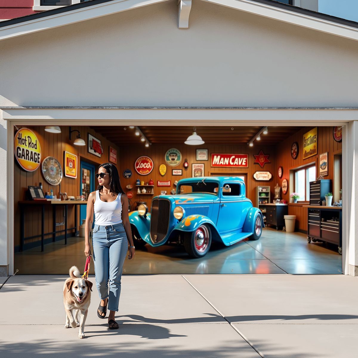 Blue Hot Rod Garage Door Banner