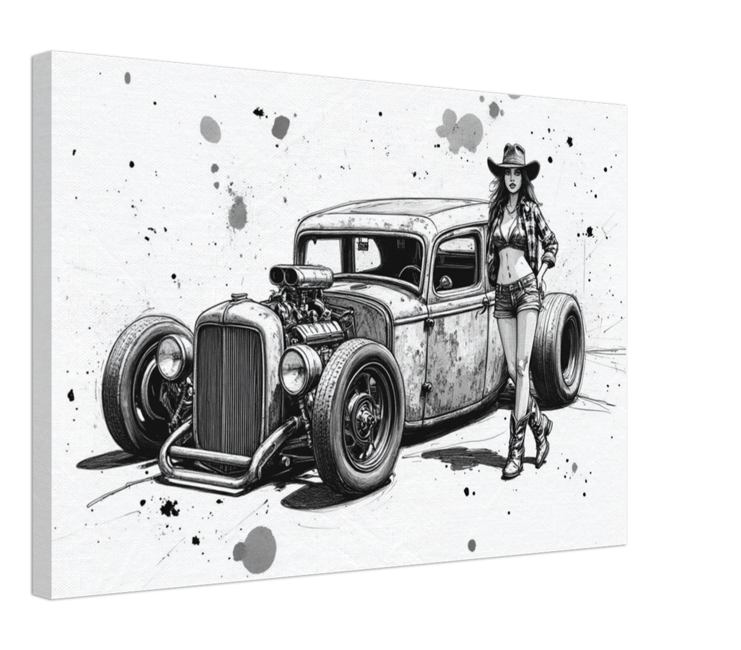 Pencil Sketch Style Rat Rod & Cowgirl