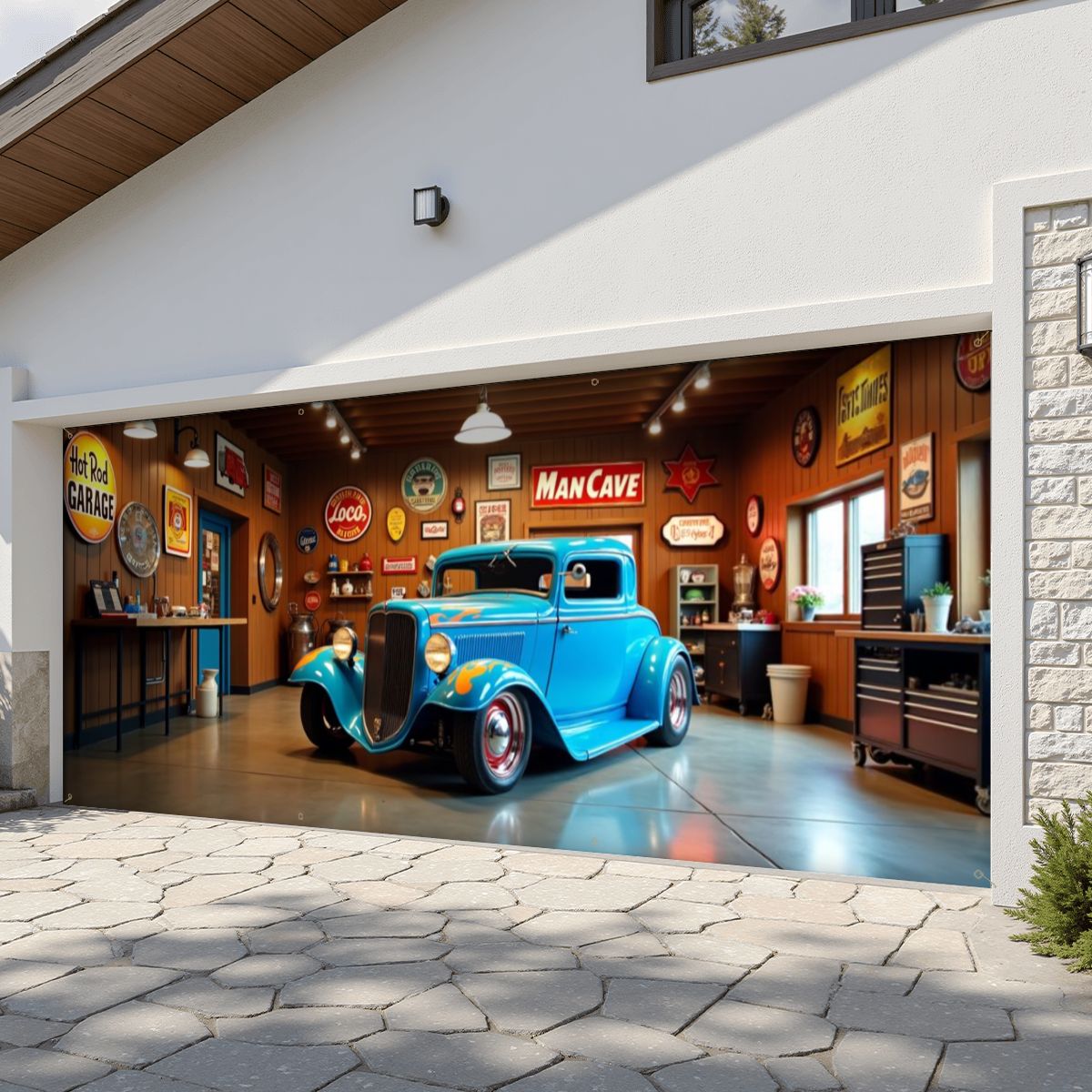 Blue Hot Rod Garage Door Banner