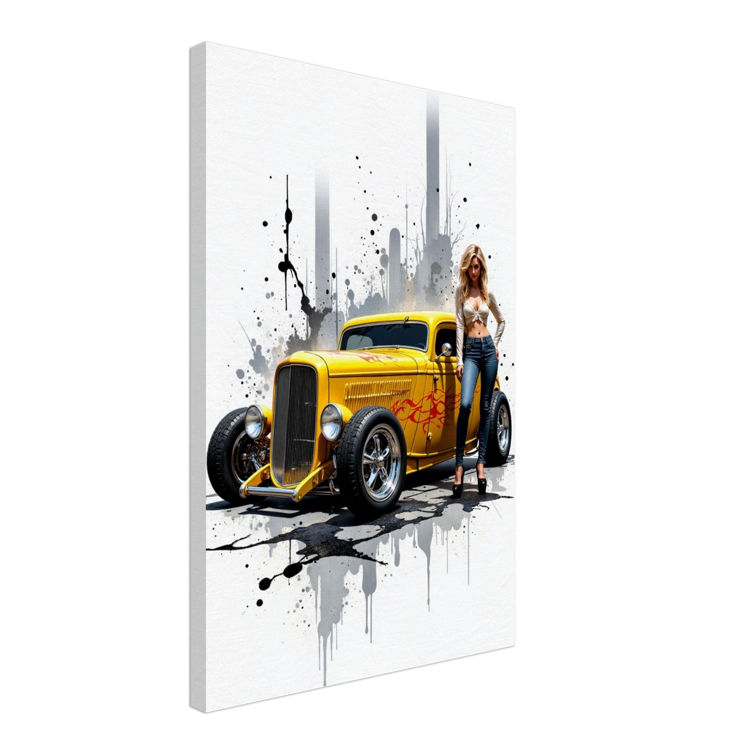 Vintage Yellow Hot Rod Mounted Canvas