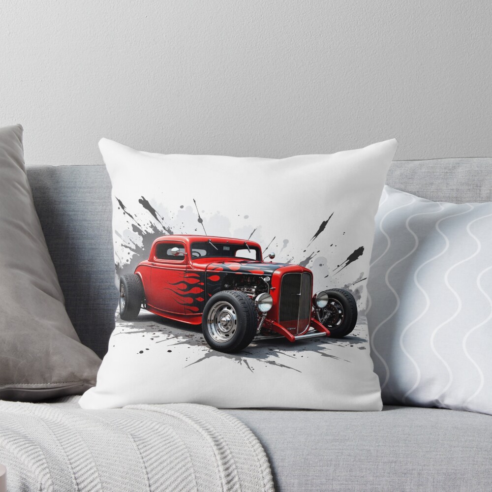 Vintage Red Hot Rod Car Decorative Pillow