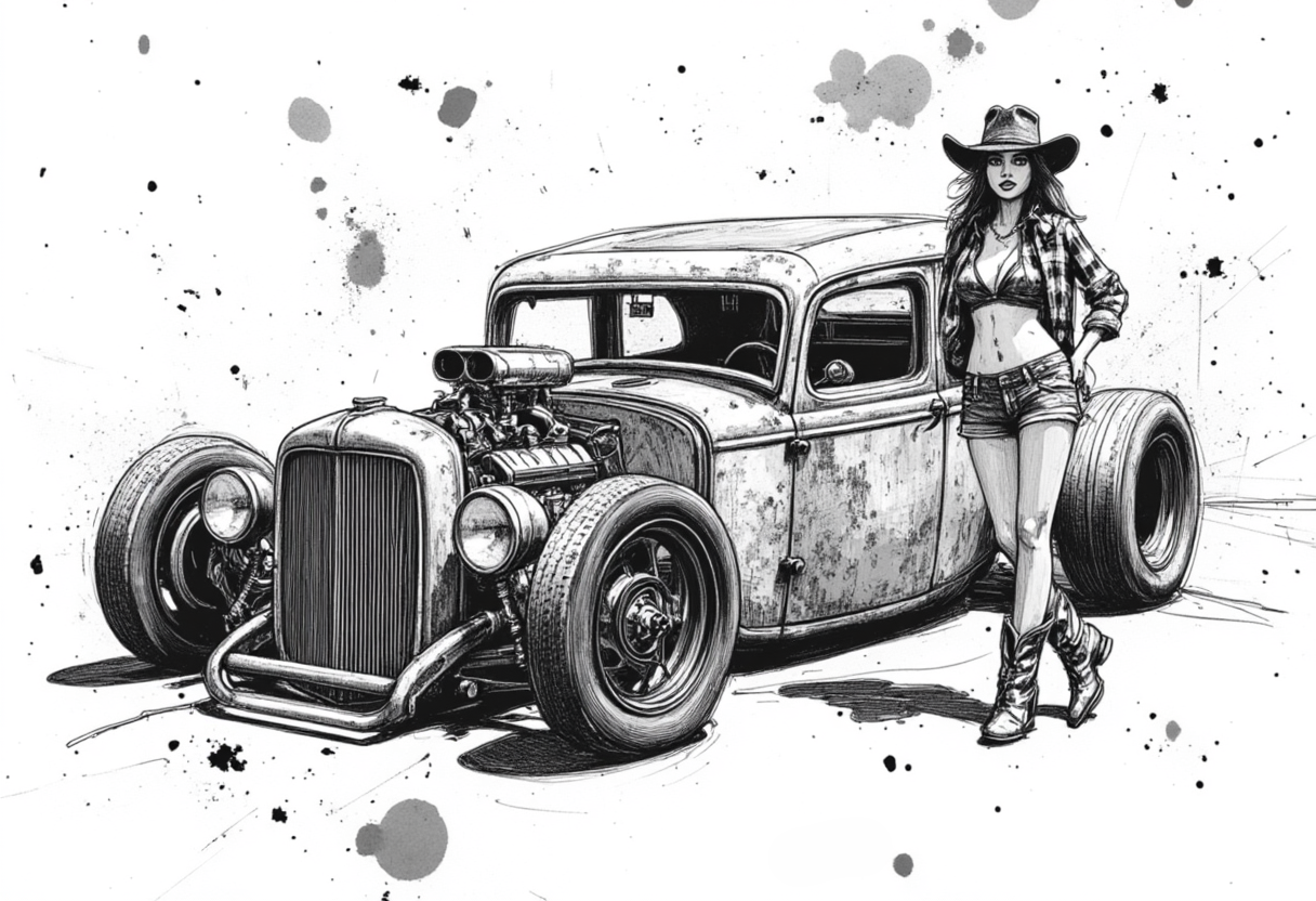 Pencil Sketch Style Rat Rod & Cowgirl