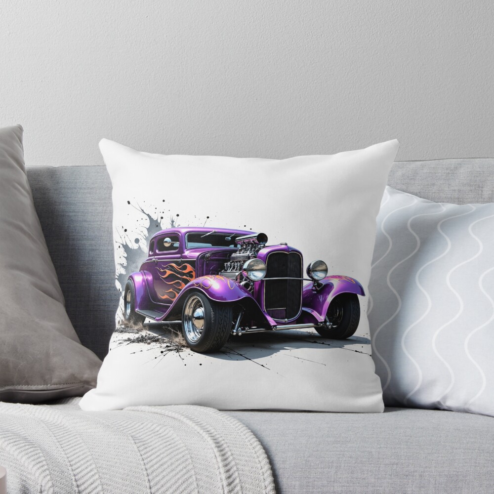 Vintage Purple Hot Rod Car Decorative Pillow