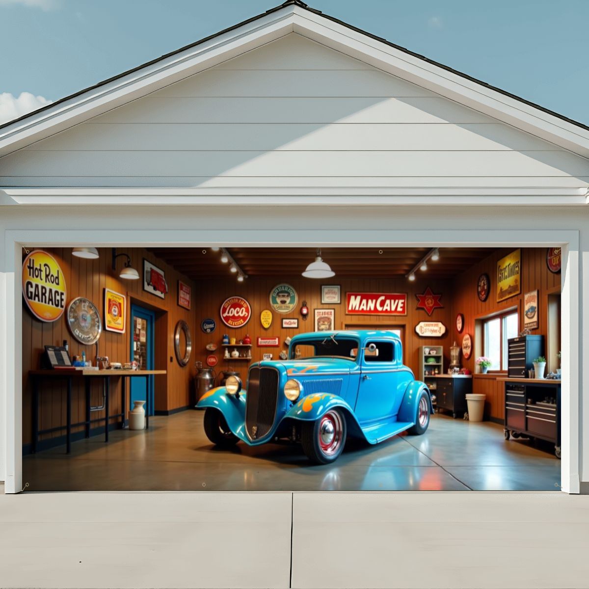 Blue Hot Rod Garage Door Banner