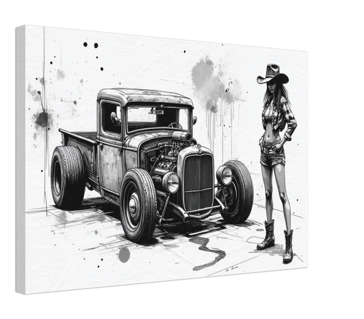 Pencil Sketch Style Rat Rod Truck & Cowgirl