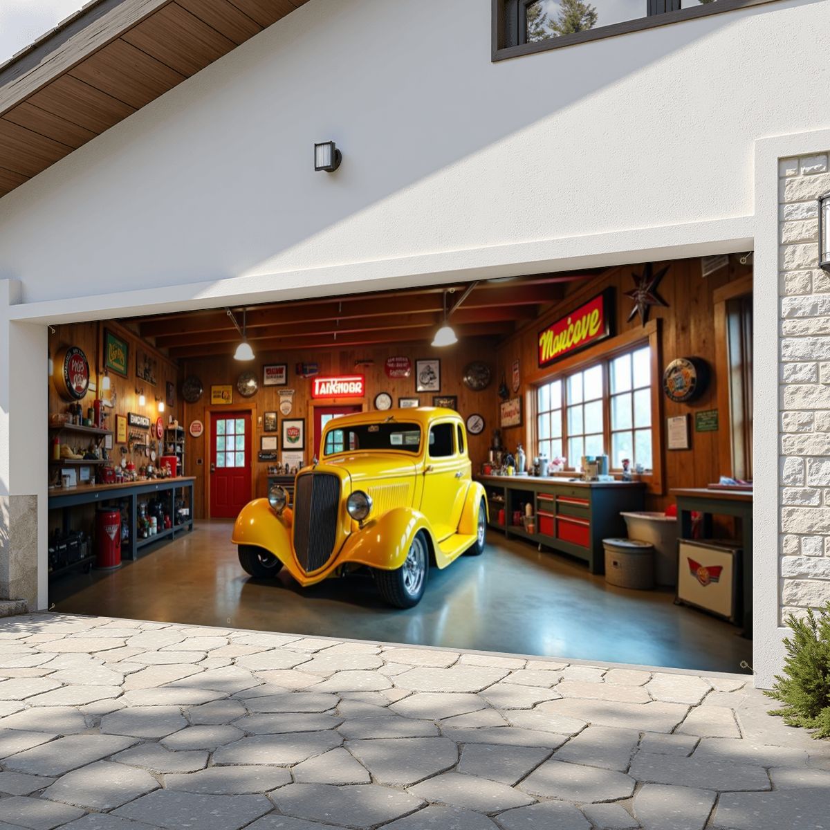 Yellow Hot Rod Garage Door Banner