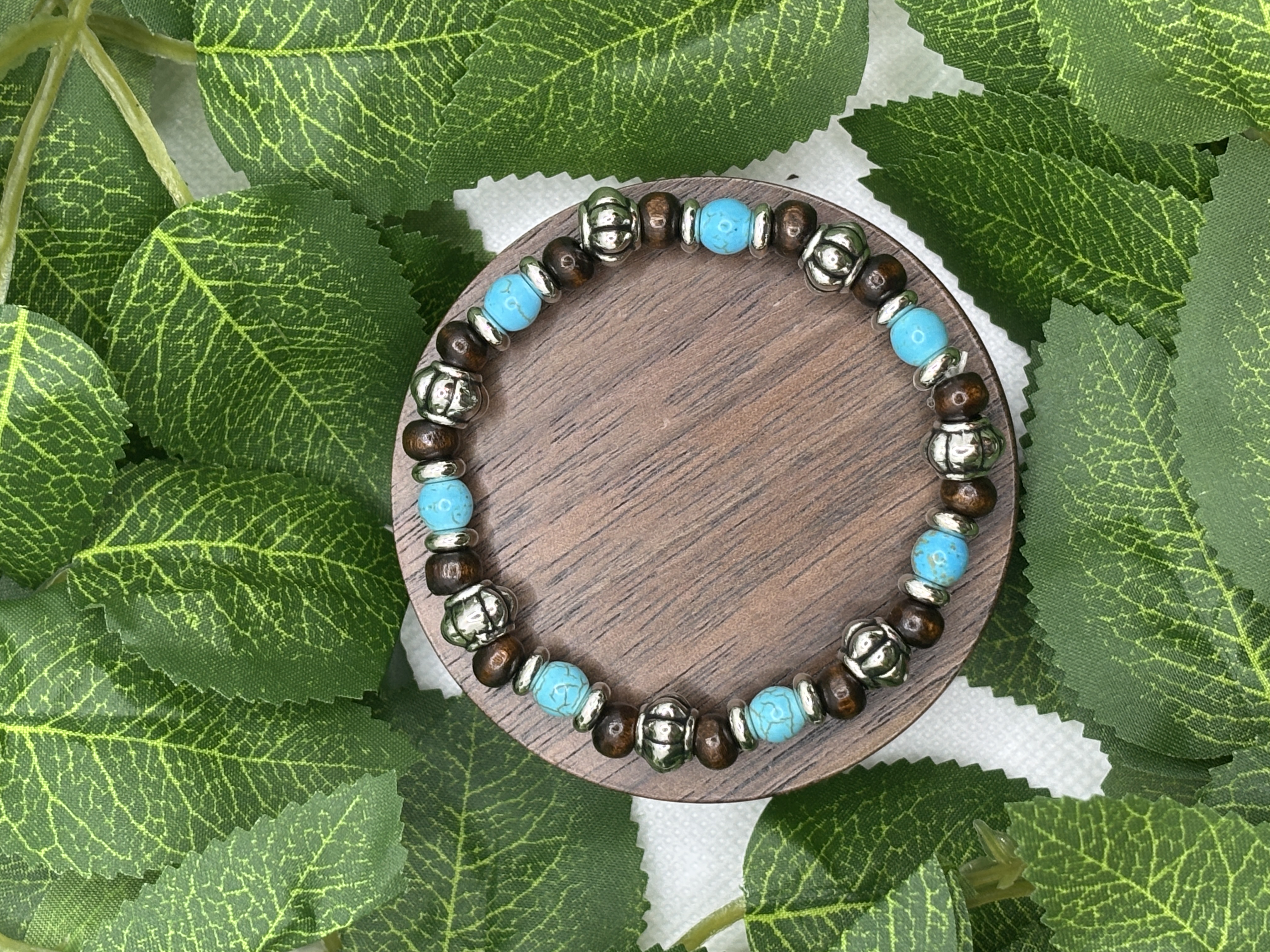 Bracelet bohème bois, métal et perles turquoise