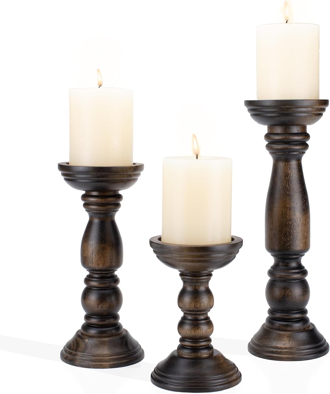 Dark Wood Candle Holders Set of 3 – 12", 9", 6" | Vintage Pillar Candle Stands | Elegant Table Centerpiece Décor
