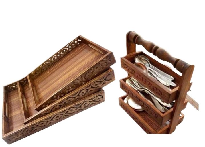 Handmade Wooden Serving Tray Set (Set of 3) & Kitchen Rack Spoon Holder – Perfect Kitchen Combo