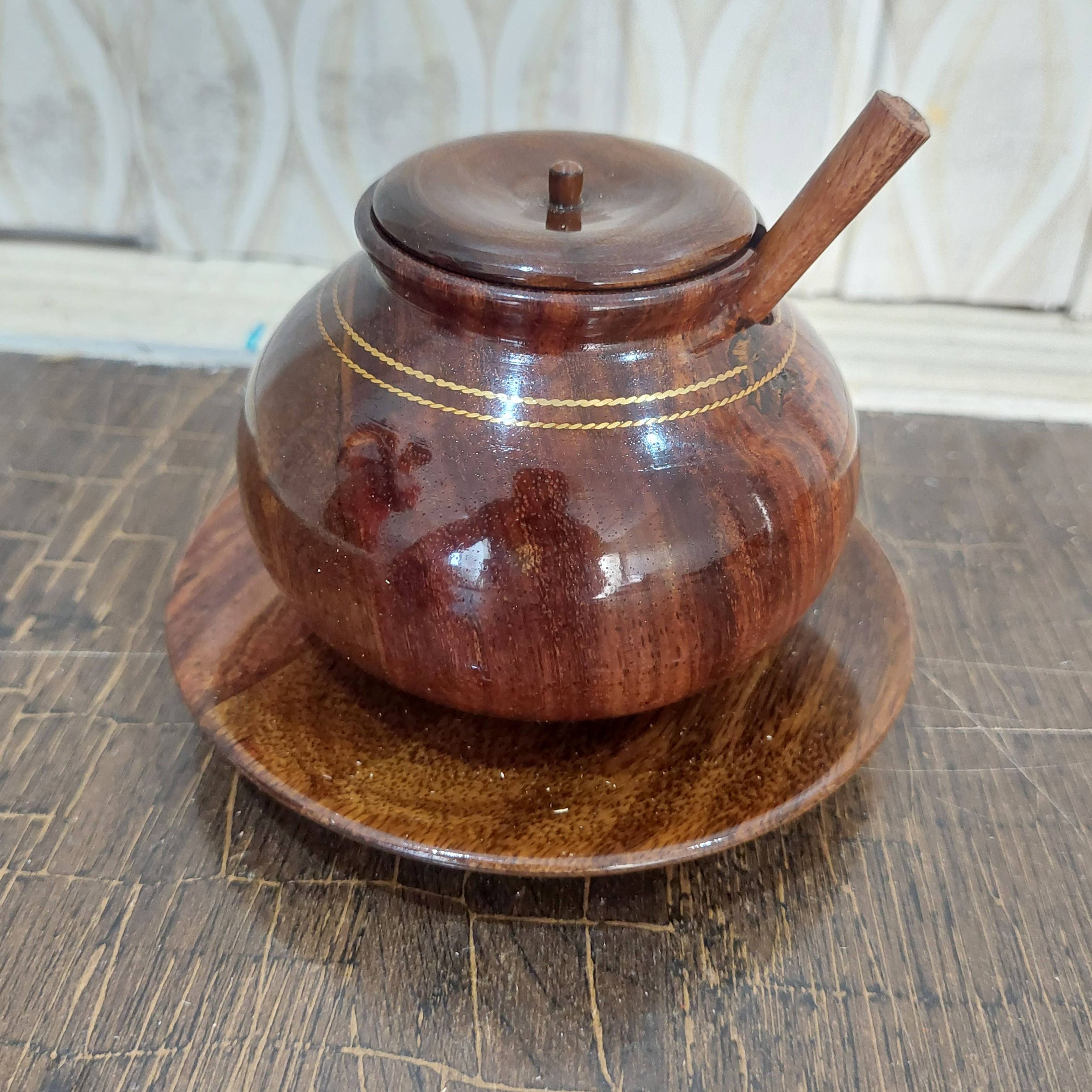 Handmade Wooden Sugar Pot with Spoon – Elegant Rustic Design