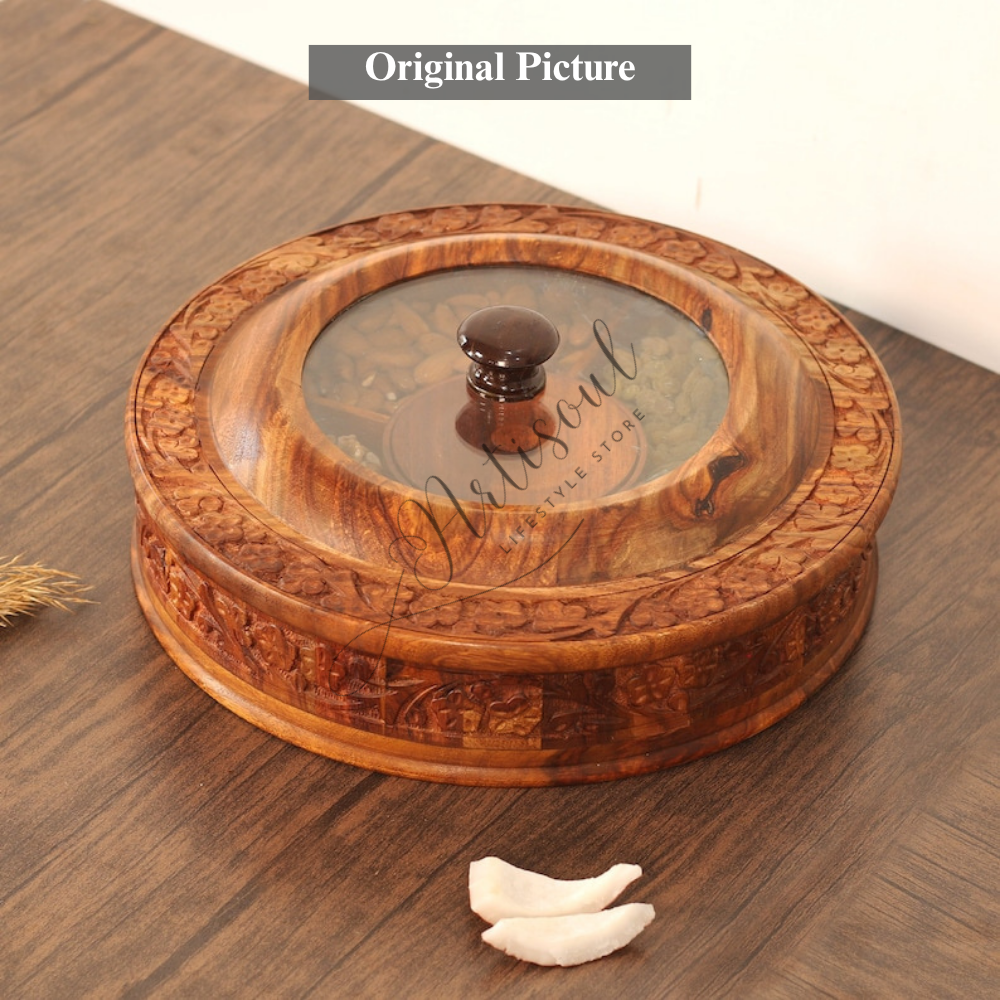 Wooden Carved Dry Fruit Box with Transparent Top | 4 Large + 1 Small Compartments | Handcrafted Multipurpose Box 12 x 12 size