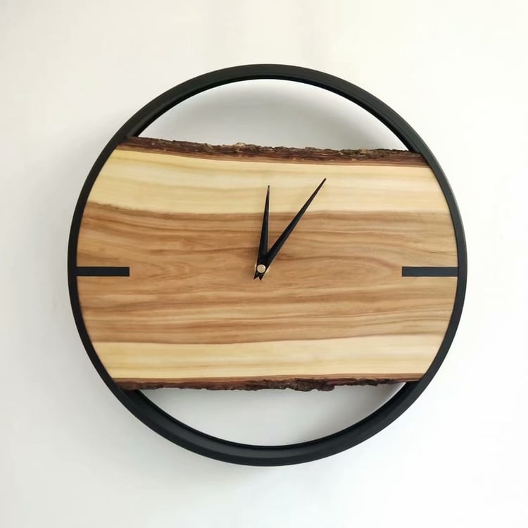 Modern Live Edge Mute Wall Clock Round Metal Frame Natural Wood Clock Silent Sweep Movement