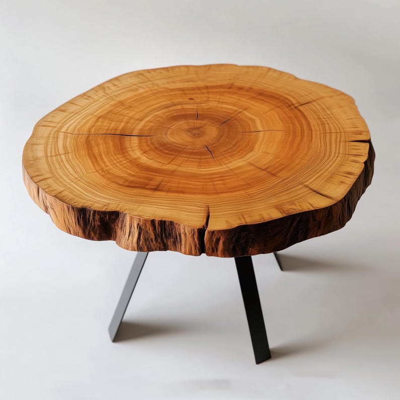 Round Live Edge Coffee Table With Metal Legs, Modern Rustic Wooden Coffee Table, Center Coffee Table